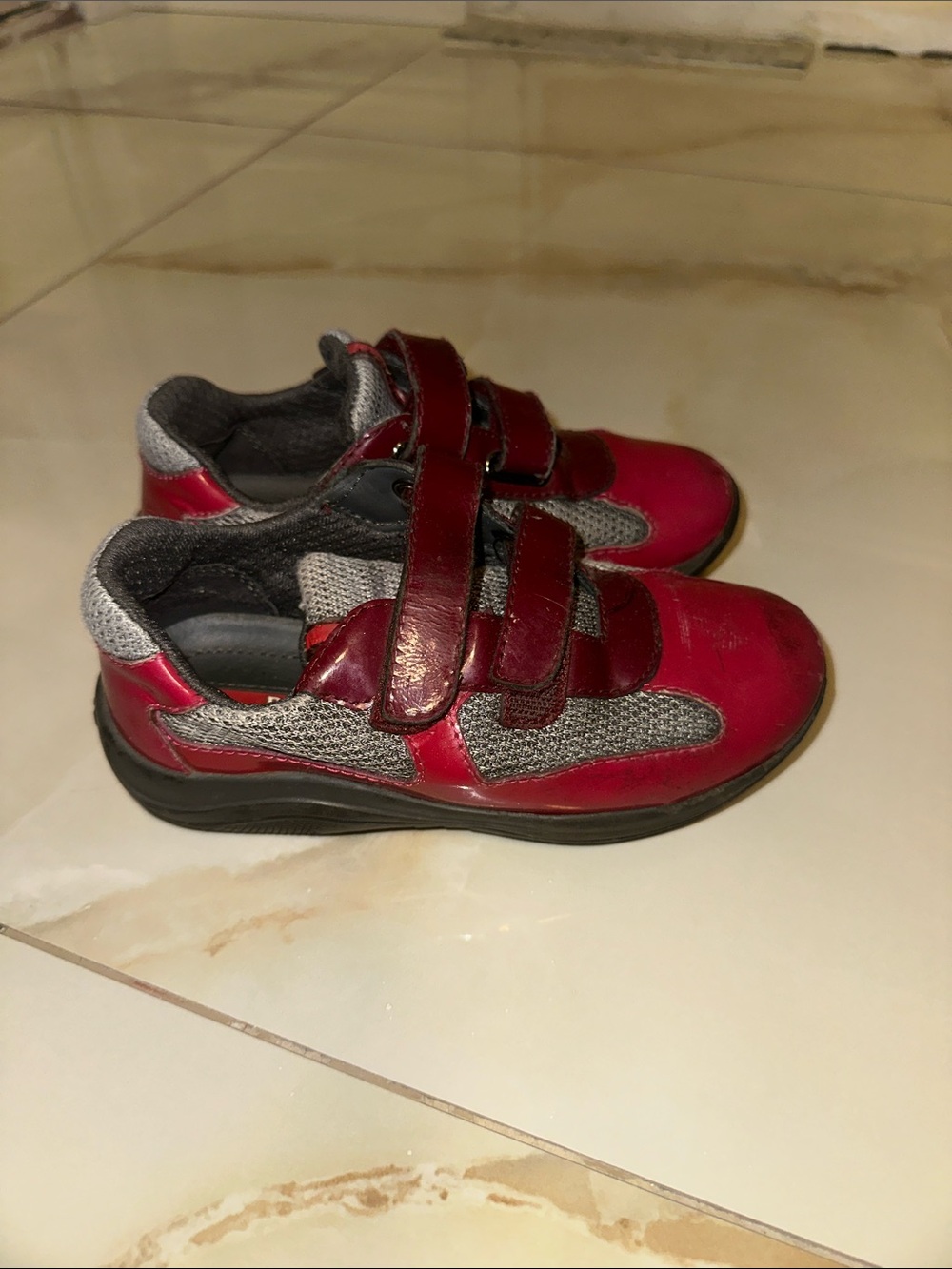 Prada Kids Red and Gray Velcro Strap Sneakers